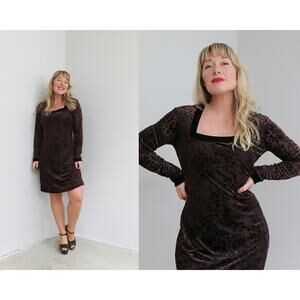 1990's Vintage Mica Cocoa Burnout Velvet Sheath Midi 90's Dress ~ Women's MD LG